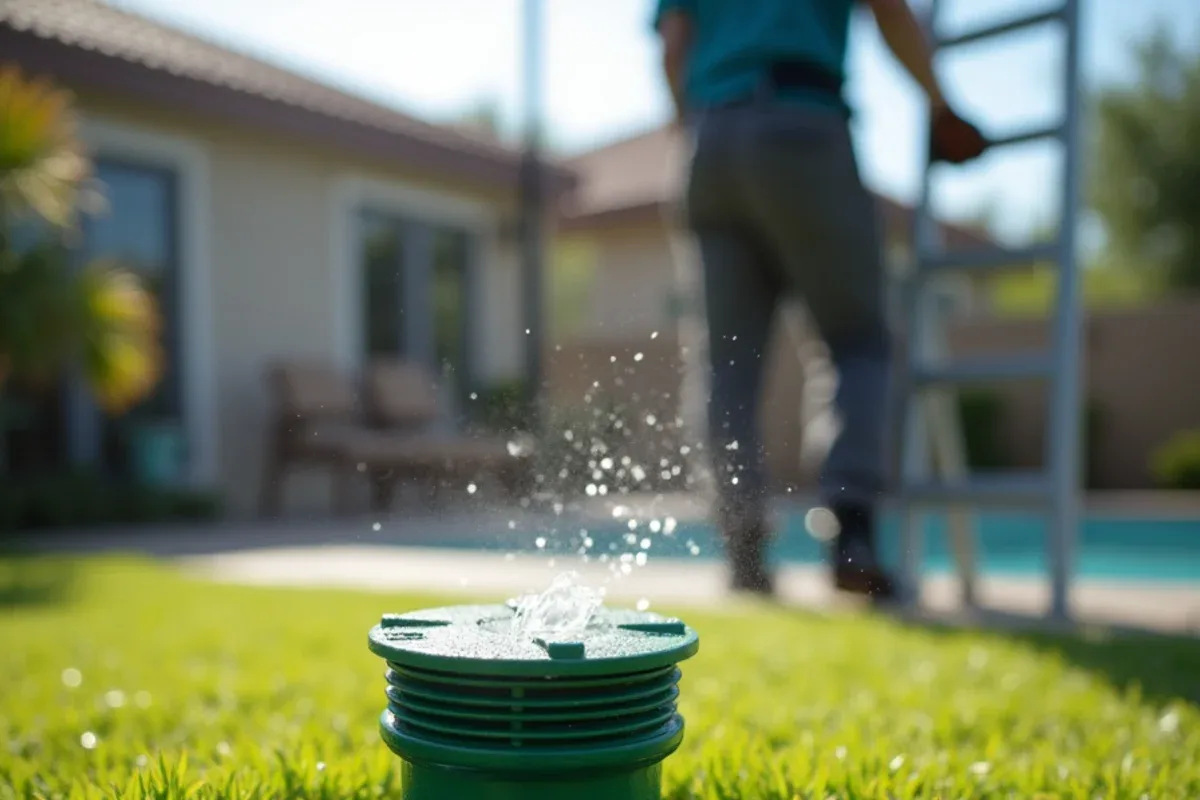 Pop-up emitter lifted open in a backyard lawn releasing rainwater from a buried downspout line